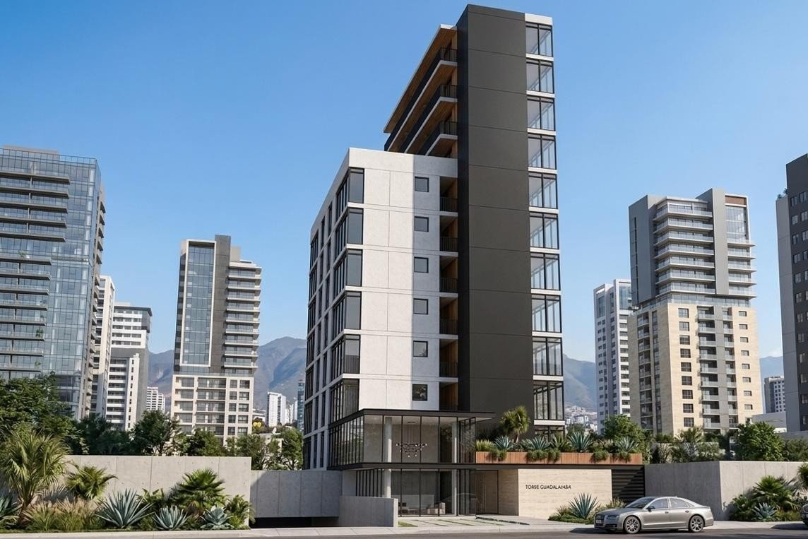 Vista exterior de una torre residencial contemporánea